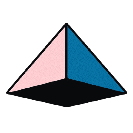 The Superagent logo, a pink, blue and black pyramid