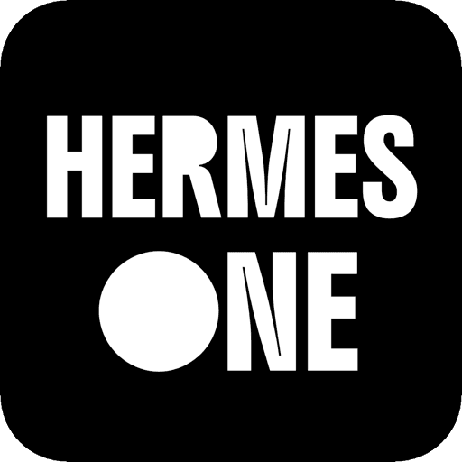 The Hermes One app icon, the words Hermes One in white on black