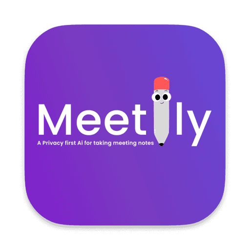 The Meetily app icon, a pencil character in the word Meetily on purple