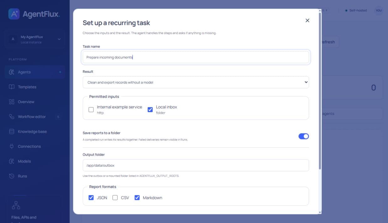 Setting up a recurring task that cleans incoming documents and saves JSON and Markdown reports