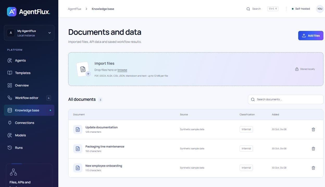 The local knowledge base listing three sample documents with an area to import files