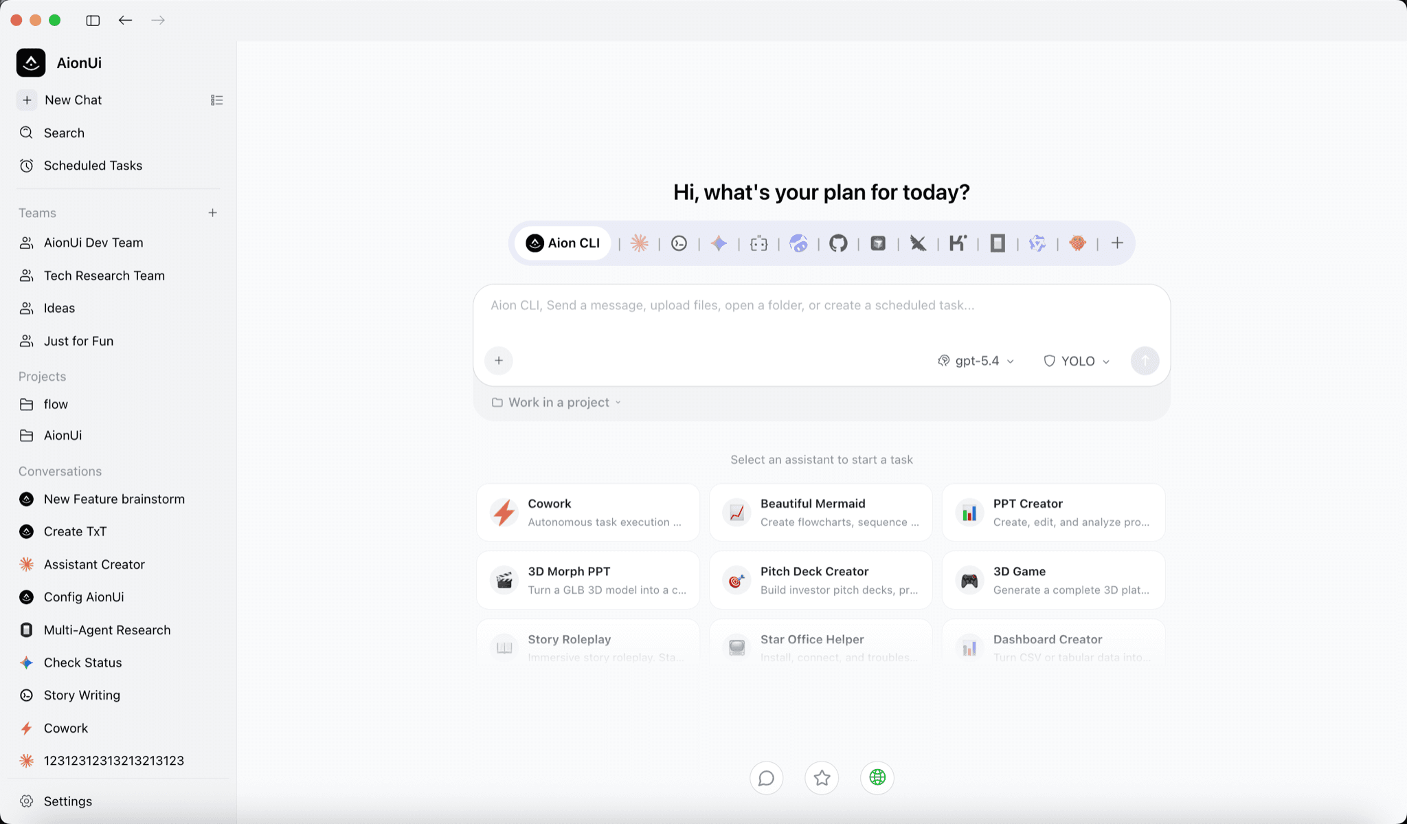 The AionUi home screen with a message box, a row of agents to pick from and assistant cards such as PPT Creator