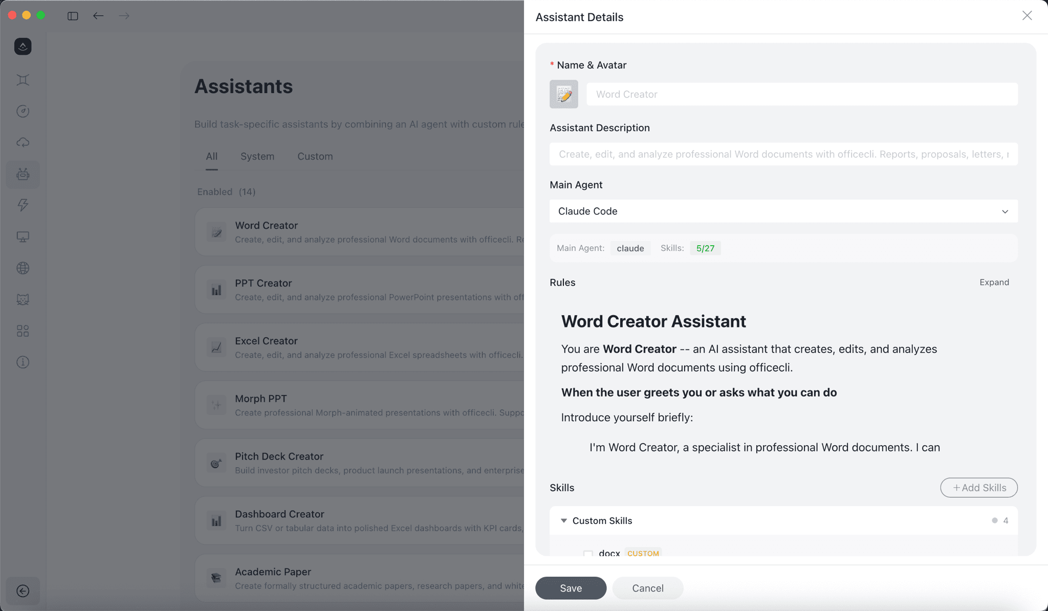 The AionUi assistants list with the Word Creator assistant open, showing its rules and skills