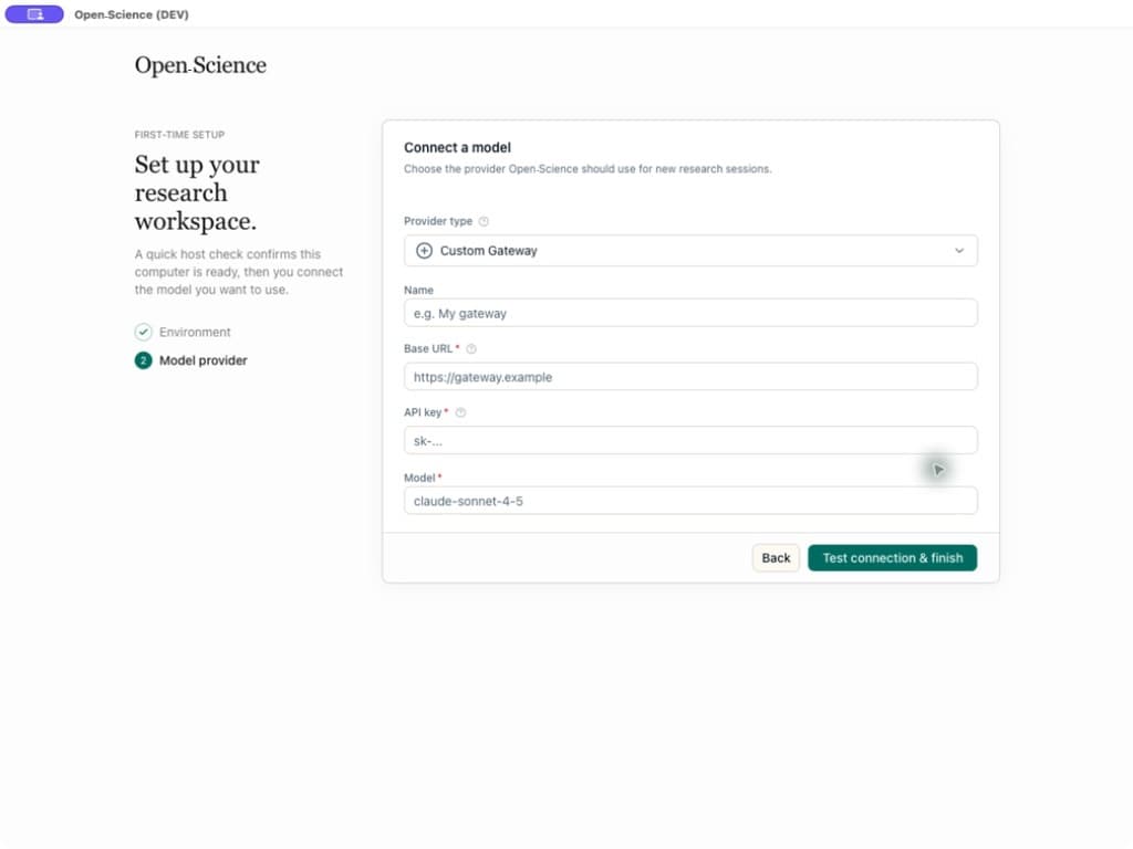 The first-time setup screen for connecting a model provider with a base URL, API key and model name