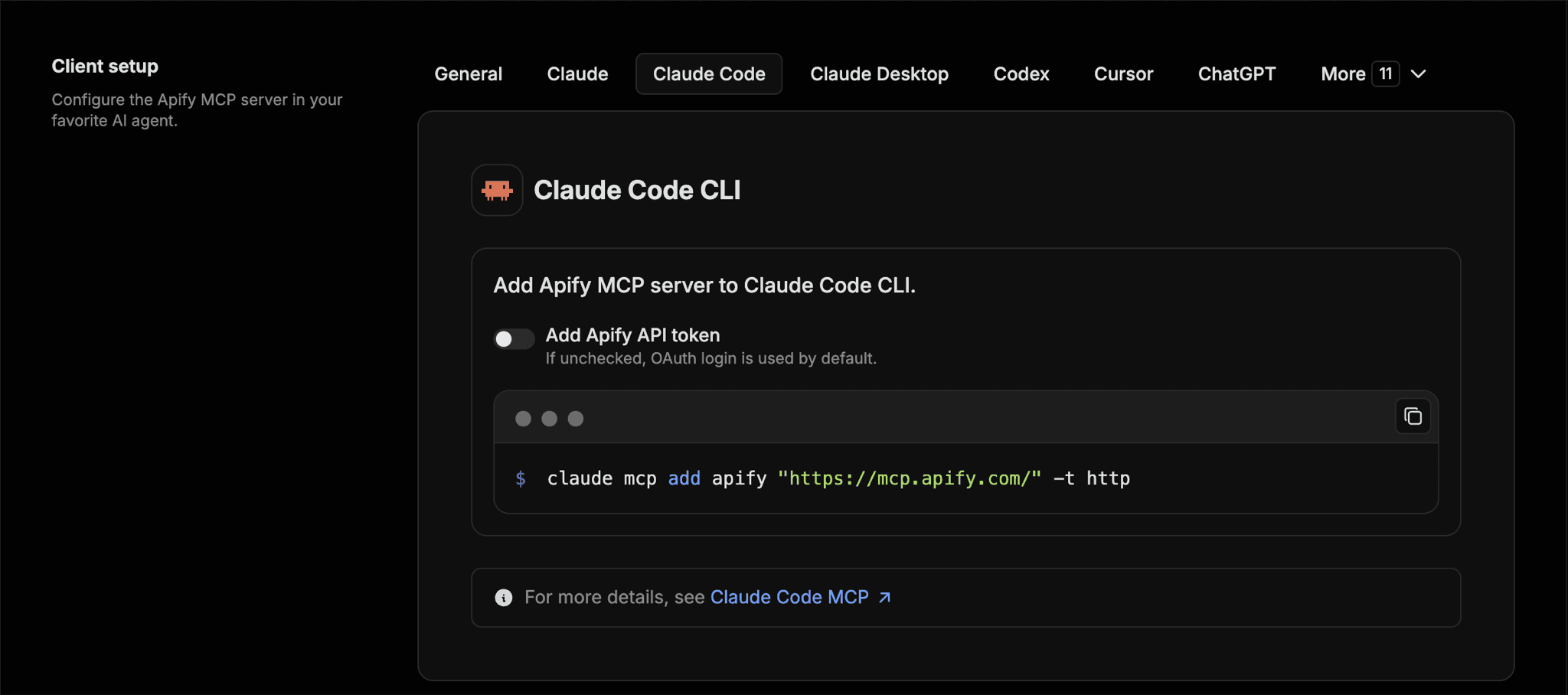 The Apify MCP setup page, showing the one-line command to add the server to Claude Code