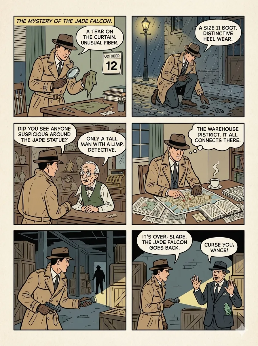 A finished six-panel comic page about a detective case