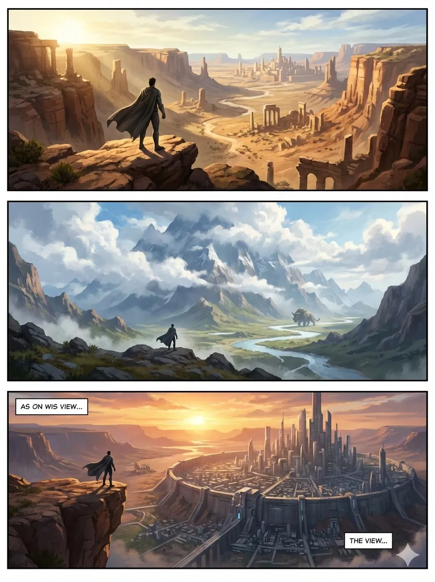 A comic page in wide cinematic panels across desert and mountain landscapes