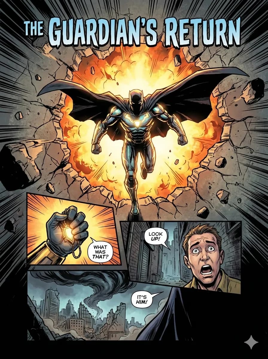 A superhero comic page built around one large splash panel