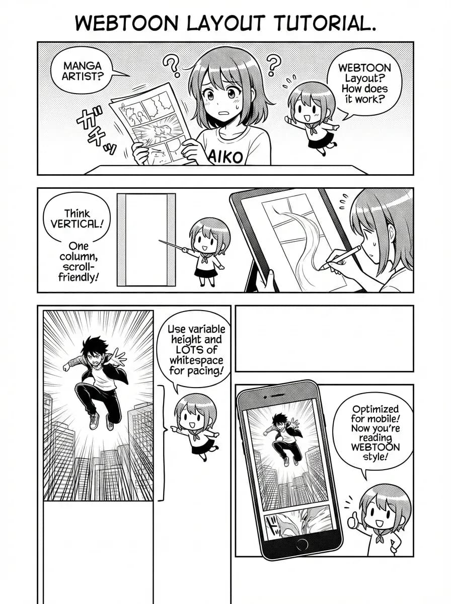 A black-and-white webtoon page explaining vertical comic layouts