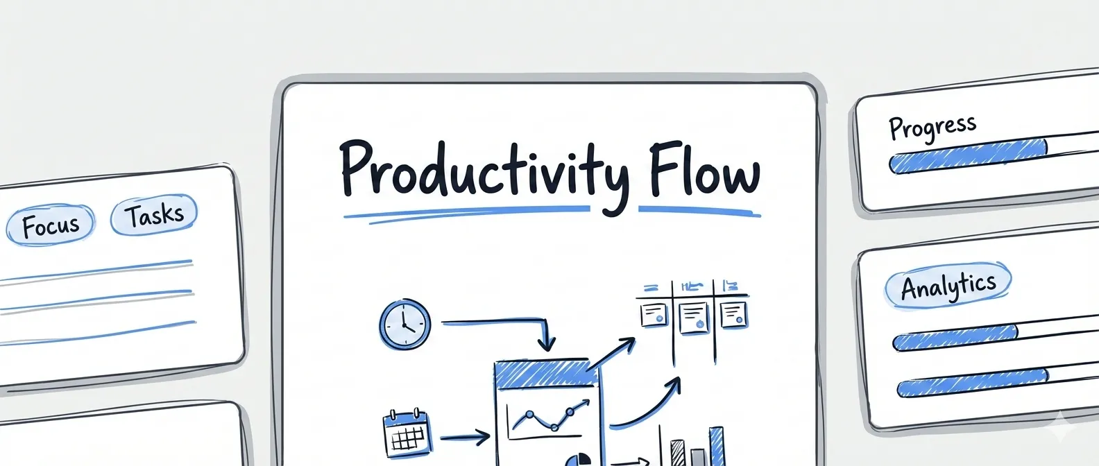 A sketch-style cover titled Productivity Flow, with task cards and small charts