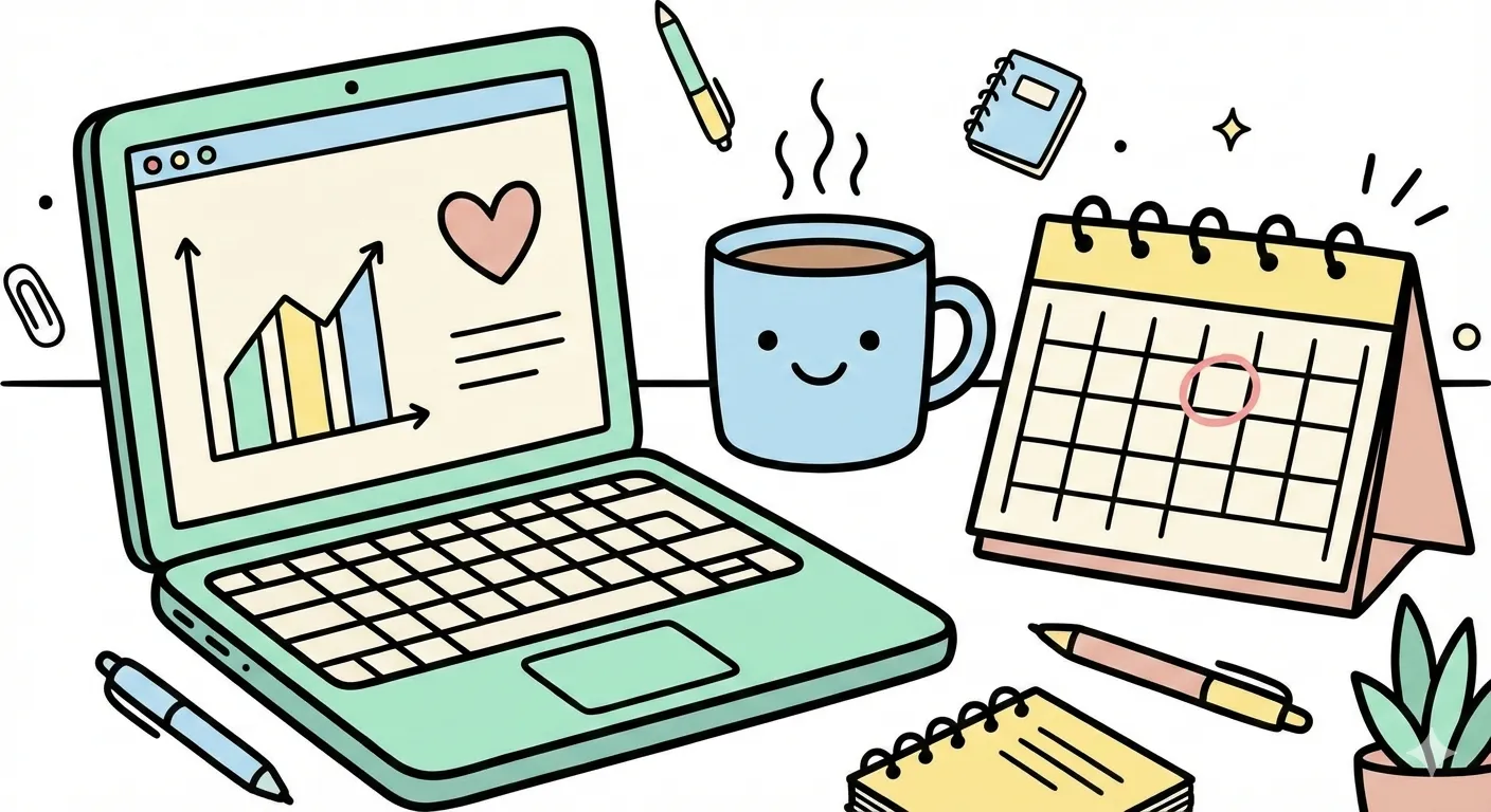 A flat doodle cover with a laptop, a coffee mug and a desk calendar, without a title