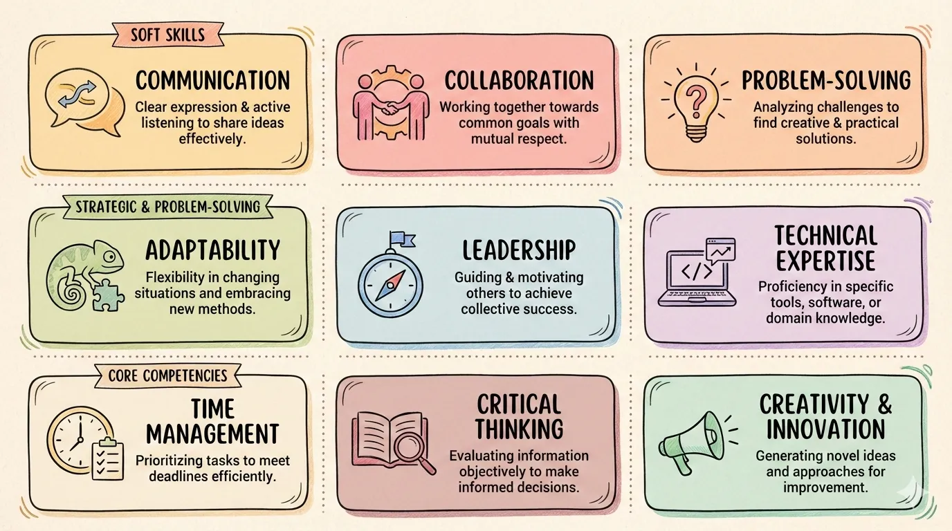 A finished infographic: nine hand-drawn cards on workplace skills