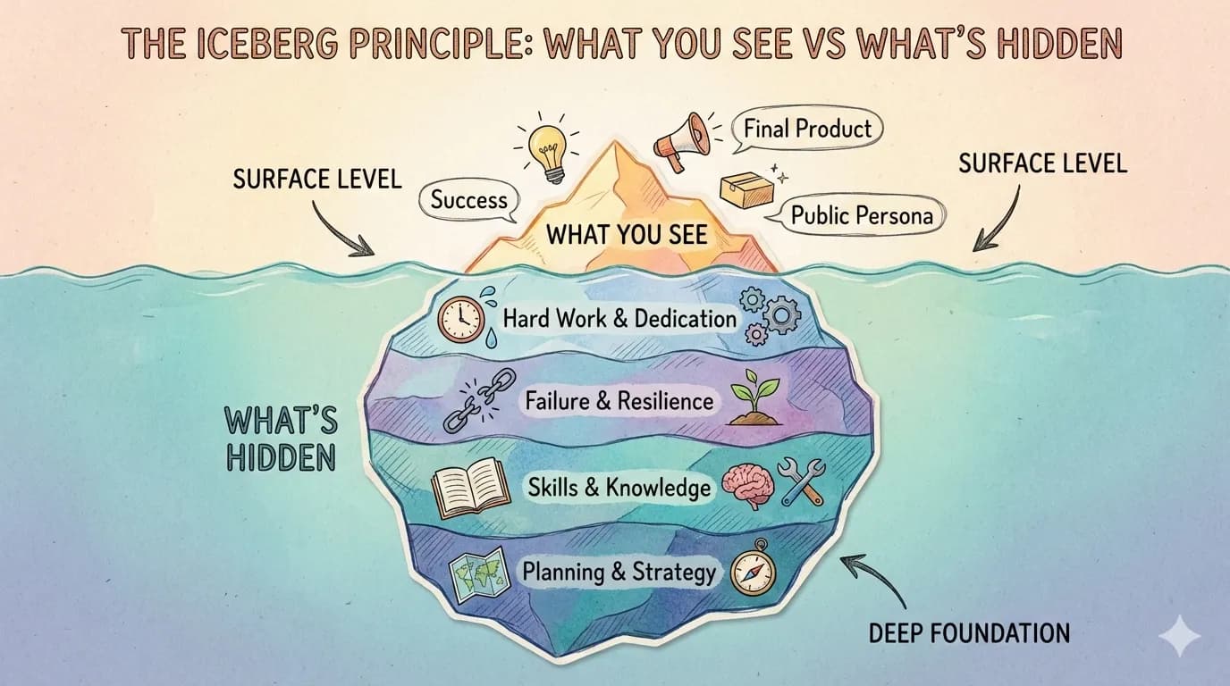 An iceberg infographic contrasting visible success with hidden effort