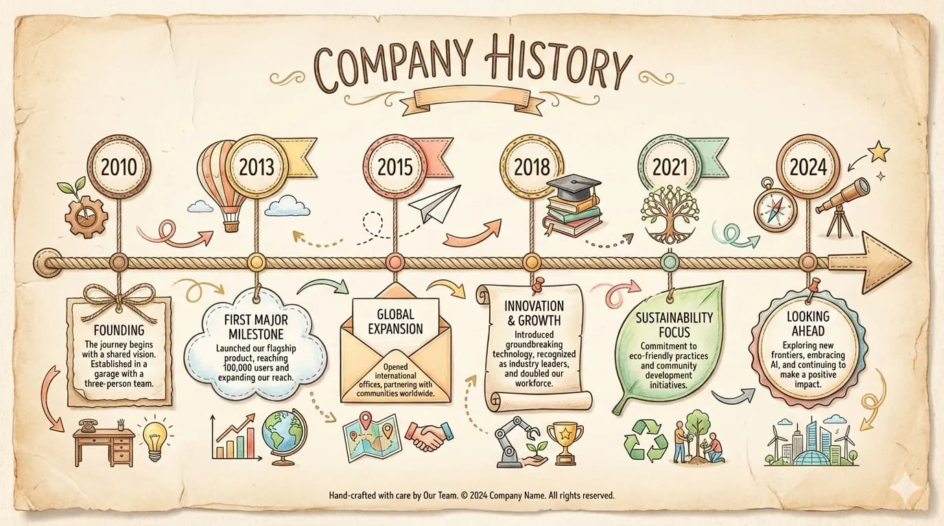 A company history timeline infographic from 2010 to 2024