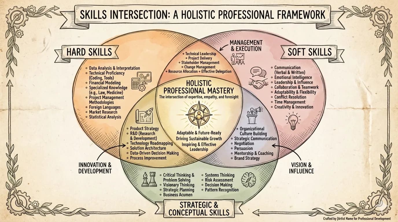 A three-circle Venn infographic of professional skills