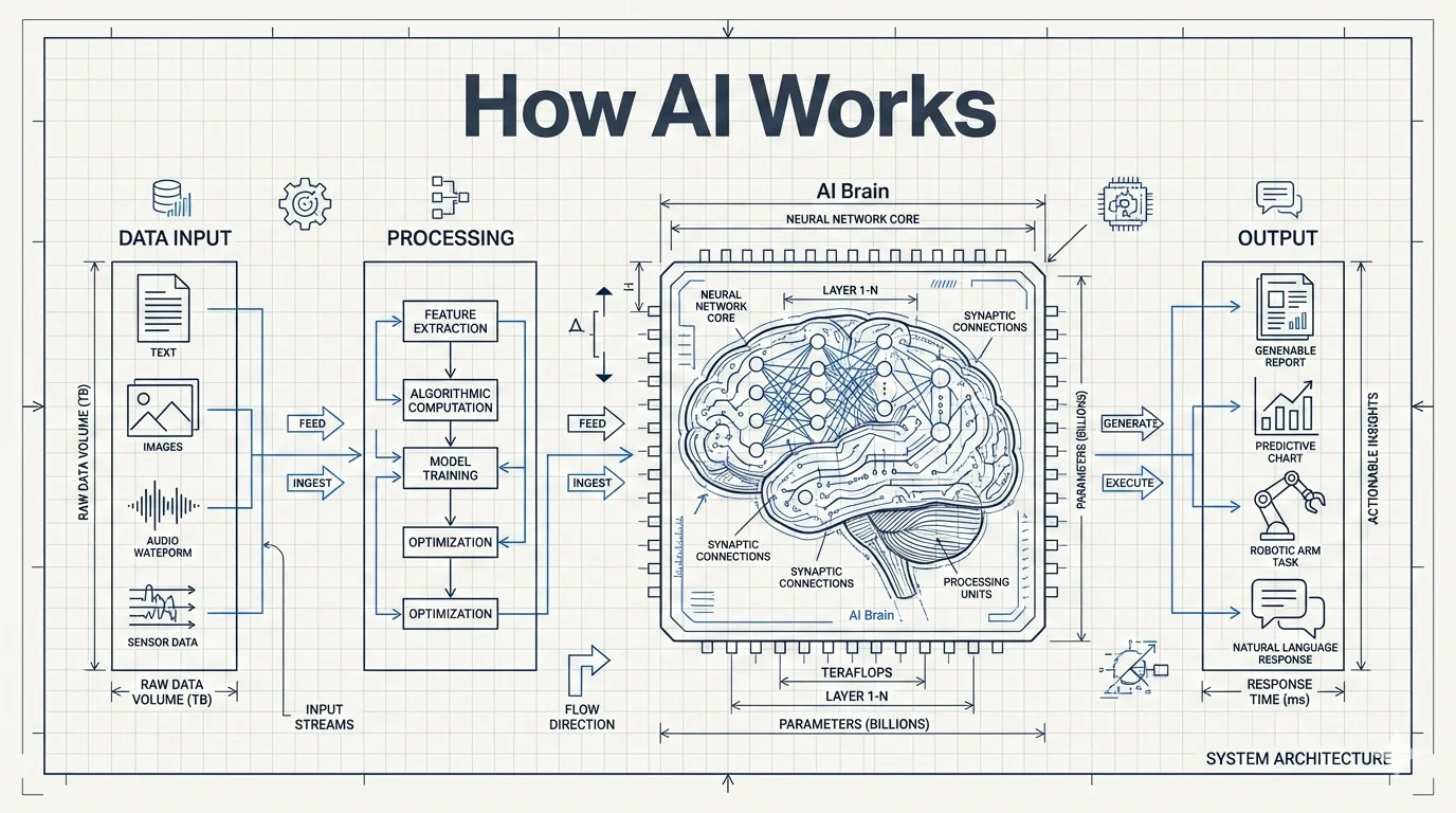 A blueprint-style slide titled How AI Works, laid out as a technical diagram
