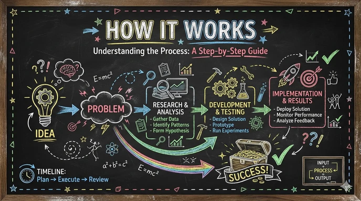 A chalkboard slide titled How It Works, showing a process from idea to results