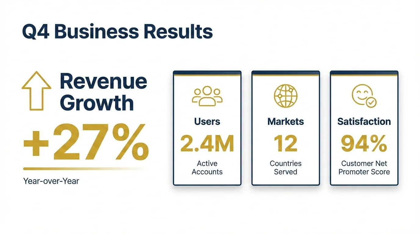 A corporate slide titled Q4 Business Results, with a growth figure and three metric cards