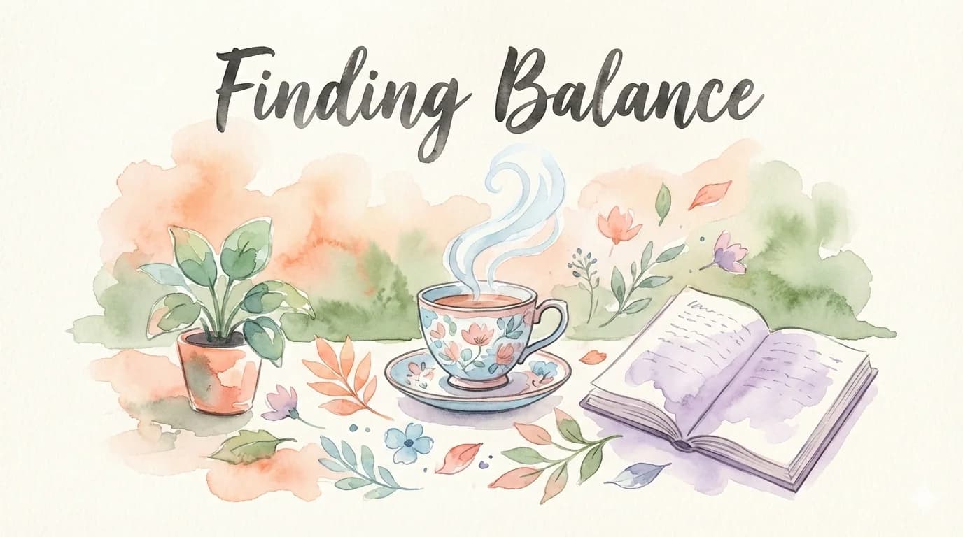 A watercolor slide titled Finding Balance, with a teacup, a plant and an open book