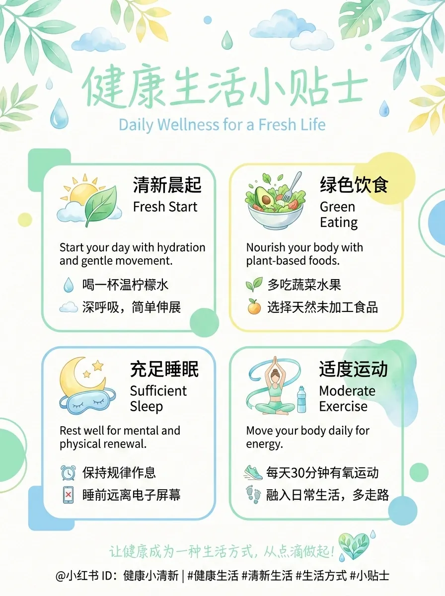A finished card set: wellness tips laid out as four illustrated cards