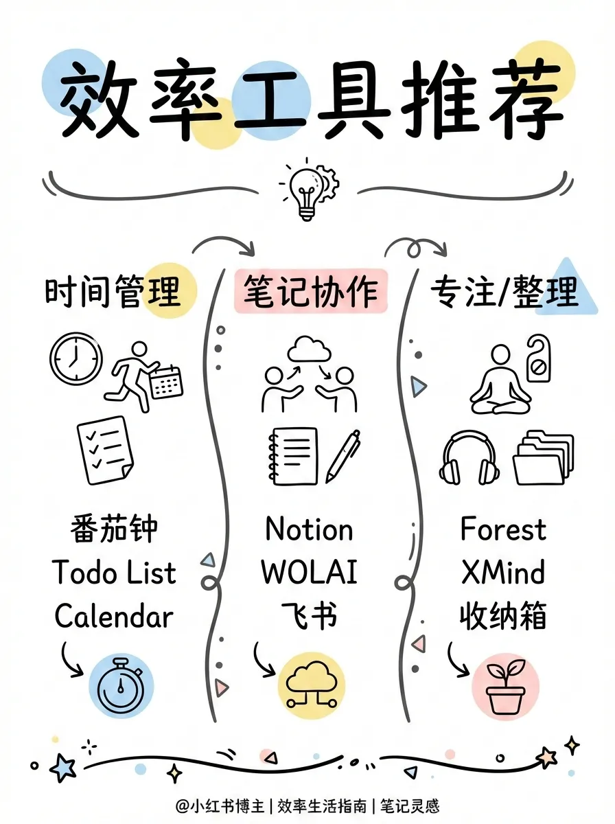 A card on productivity tools in a hand-drawn line style