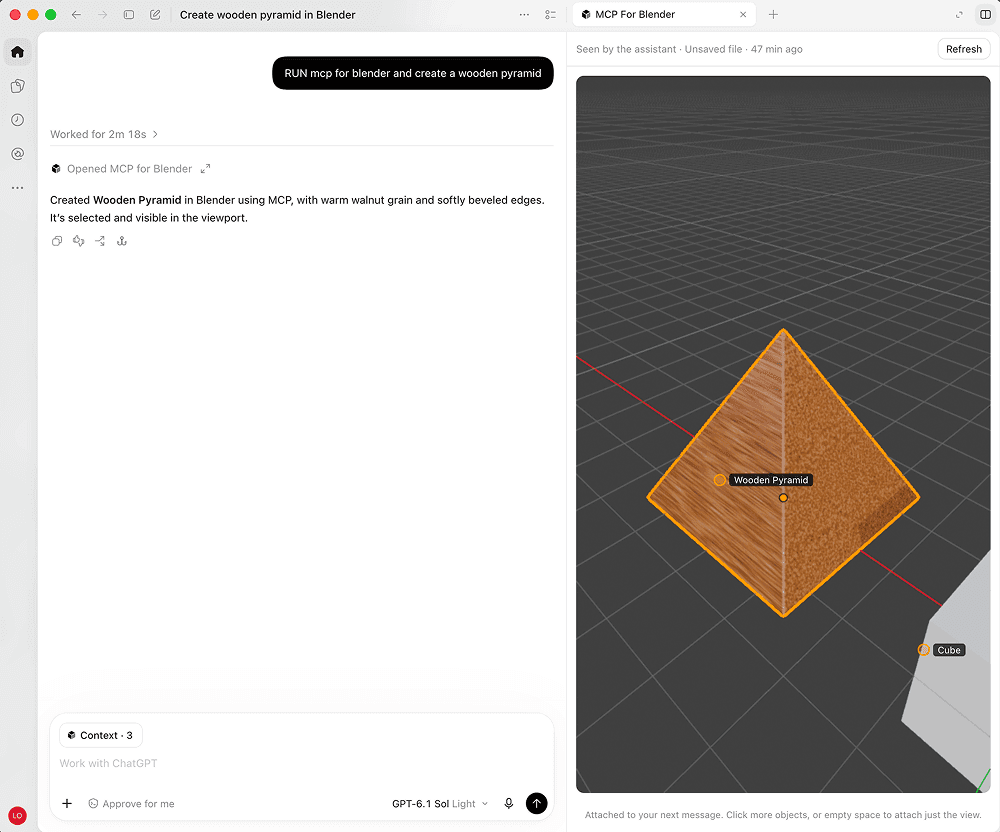 An agent chat asking for a wooden pyramid beside the Blender viewport showing the finished pyramid
