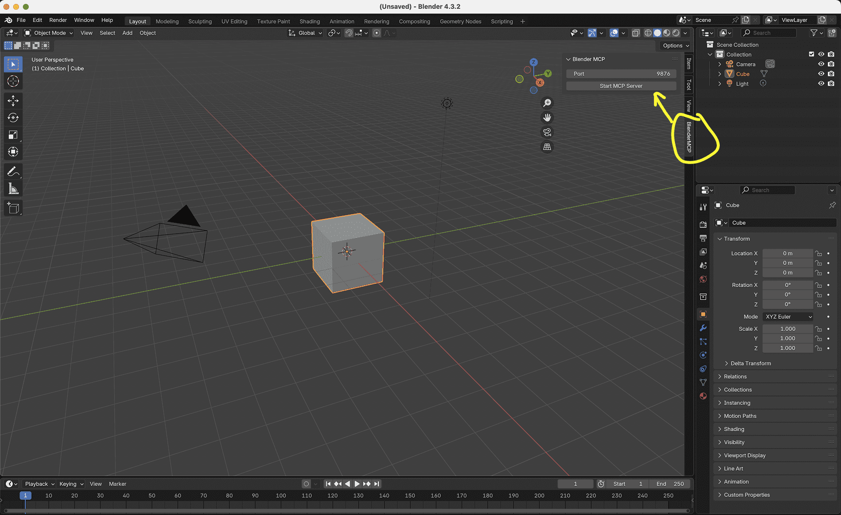 Blender with the MCP for Blender sidebar panel and its Start MCP Server button