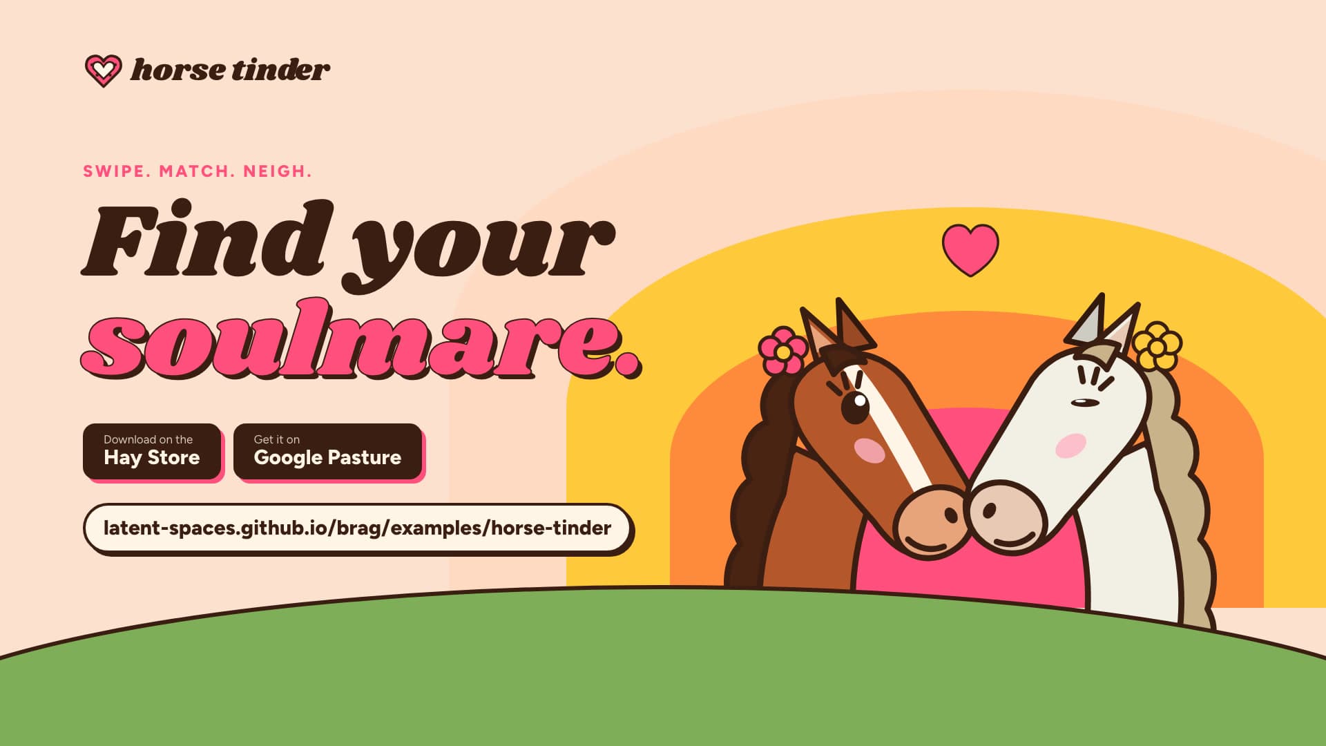 A frame from a /brag launch video for a sample dating site for horses