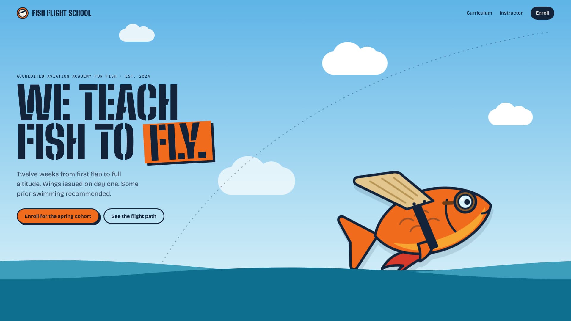 A frame from a /brag launch video for a sample flight school for fish