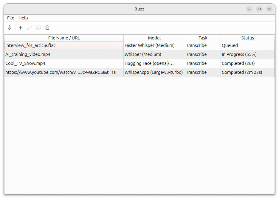 The Buzz main window with a queue of files and a YouTube link being transcribed
