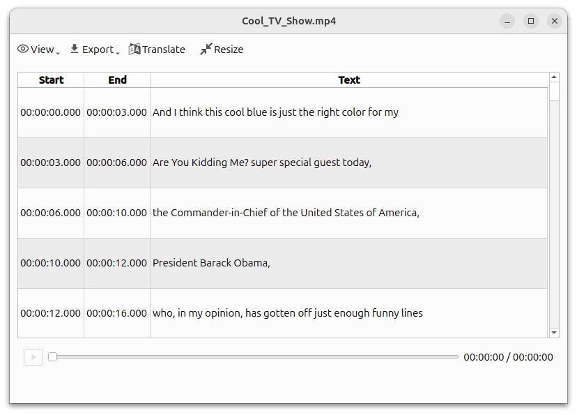 A finished transcript in Buzz, split into timed lines with export and translate buttons