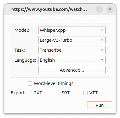 The import dialog in Buzz with model, task, language and TXT, SRT or VTT export options
