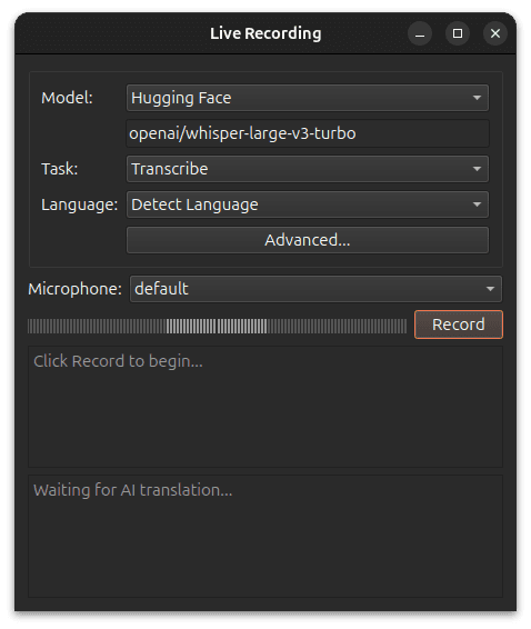 The Buzz live recording window with model, language and microphone settings