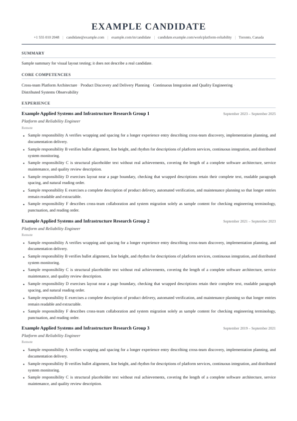 A CV in the executive layout with a centred name and dated roles, using sample data