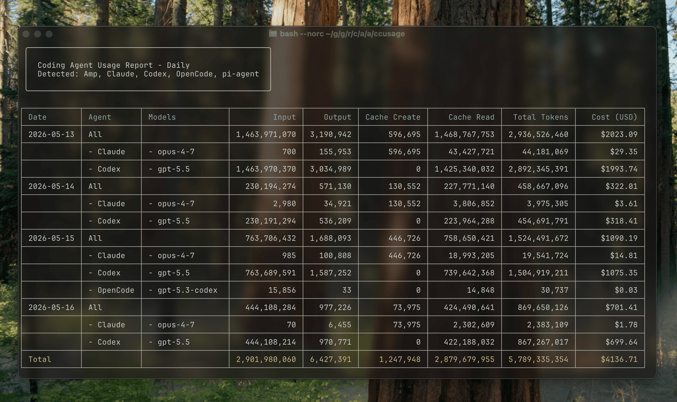 A ccusage daily report in a terminal, listing tokens and cost per day for Claude, Codex and OpenCode