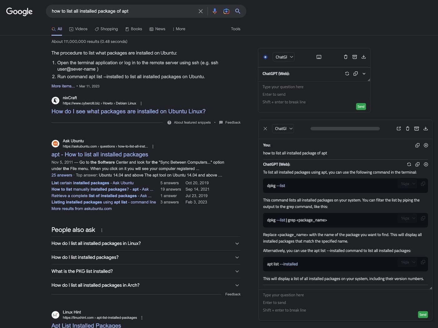 A search results page with an AI answer panel and a floating chat window beside the results
