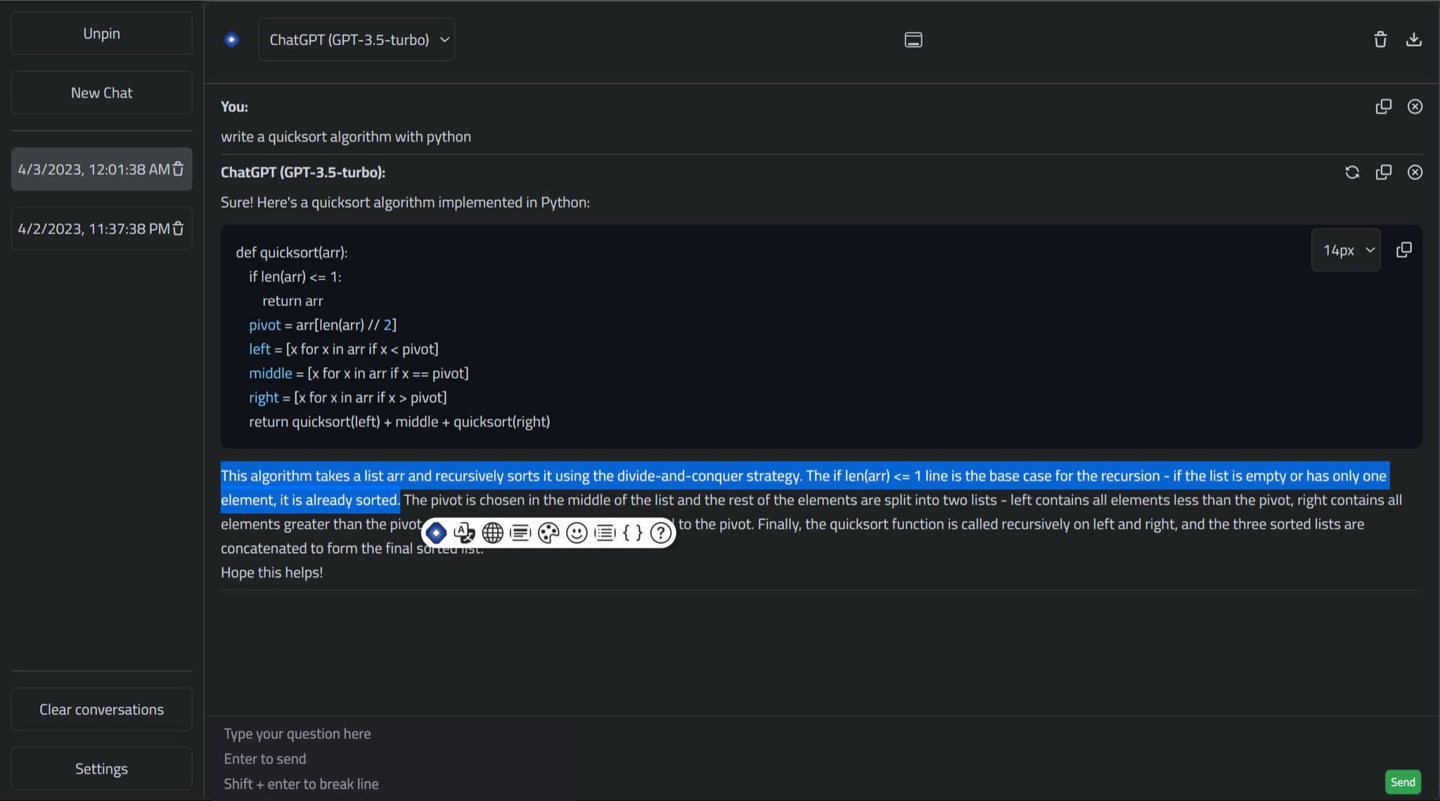 The full-page conversation view with saved chats on the left and a selection toolbar on the answer