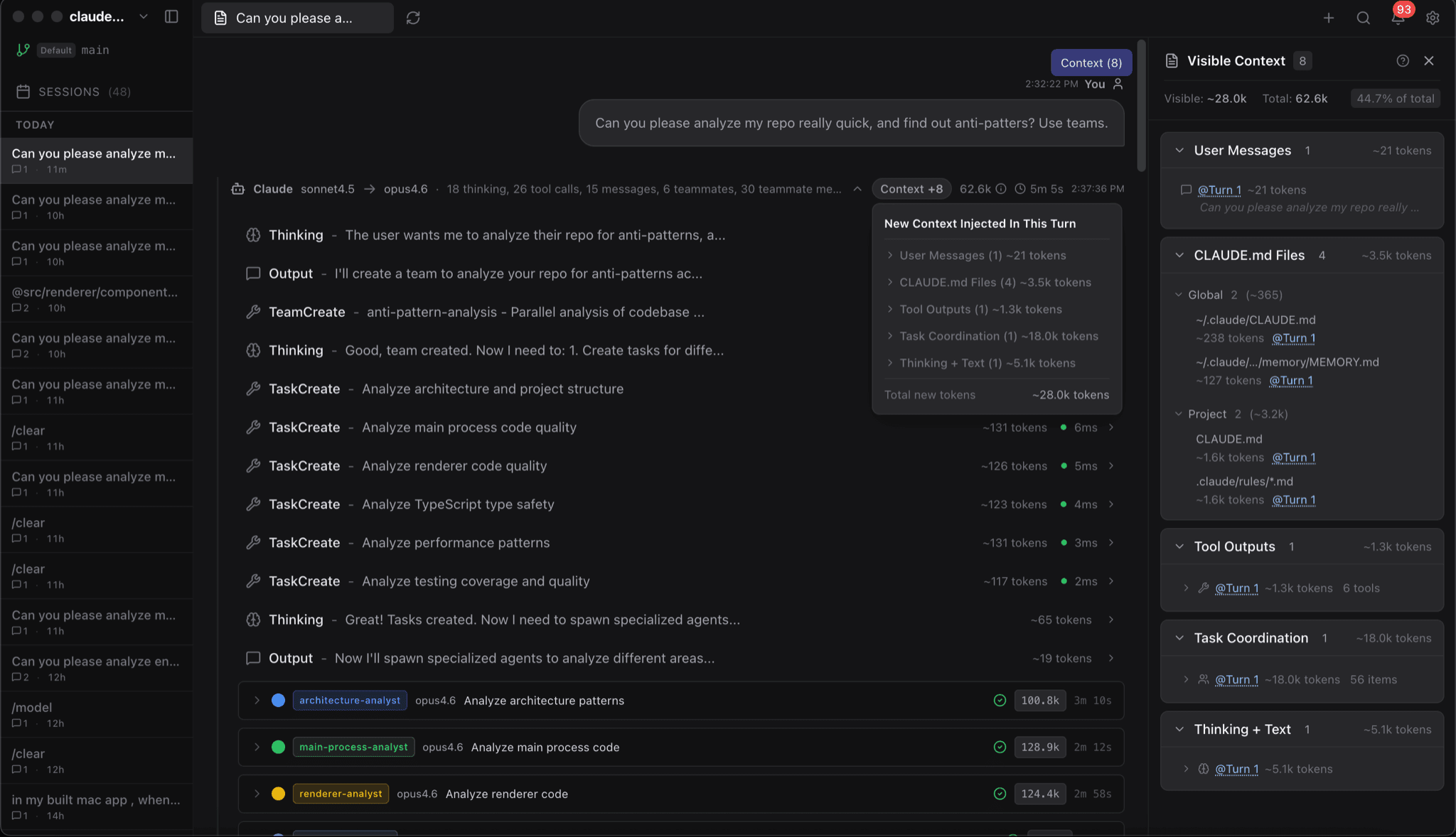 A Claude Code session in claude-devtools, listing thinking steps, tool calls and sub-agents with a token breakdown of the context window