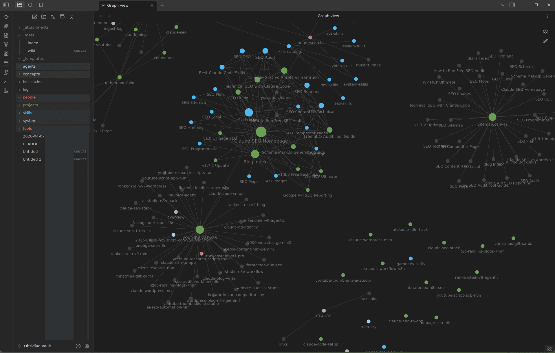 A claude-obsidian vault in Obsidian Graph view, with linked notes grouped into clusters