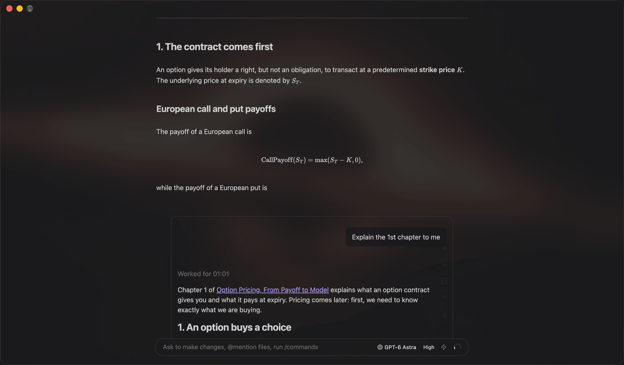 Zen mode: the agent explains the first chapter of a note in a panel at the bottom of the page