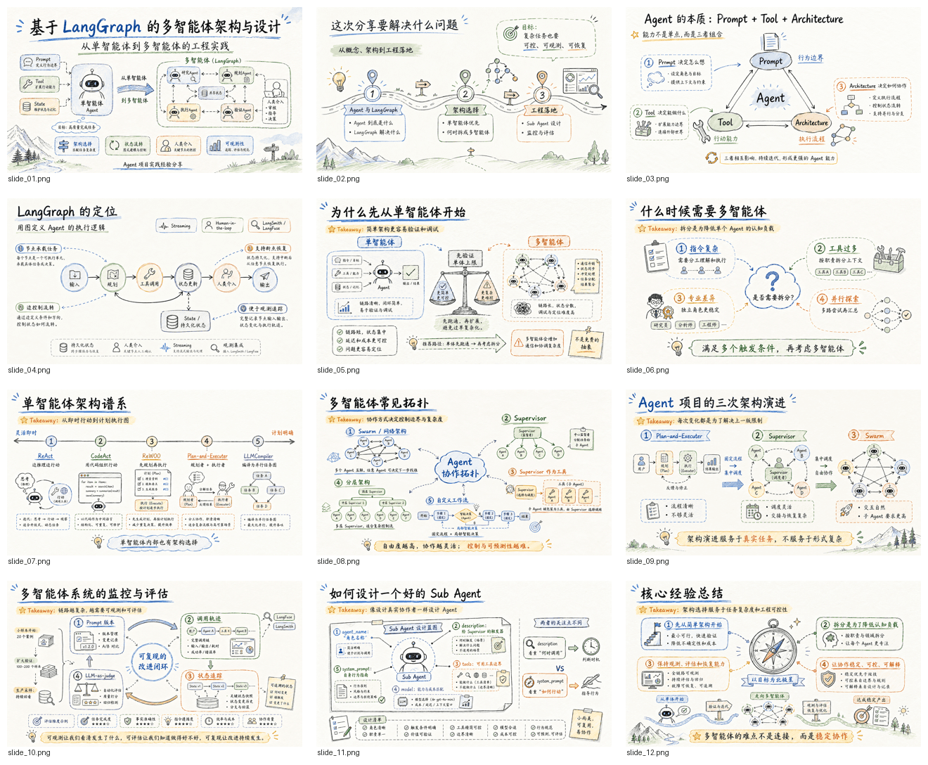 Twelve generated slides from one deck in a hand-drawn explainer style, shown as a grid of thumbnails