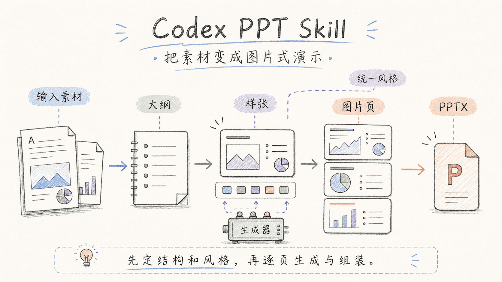 A slide in the hand-drawn technical style showing the steps from source material to outline, sample slide and finished PPTX