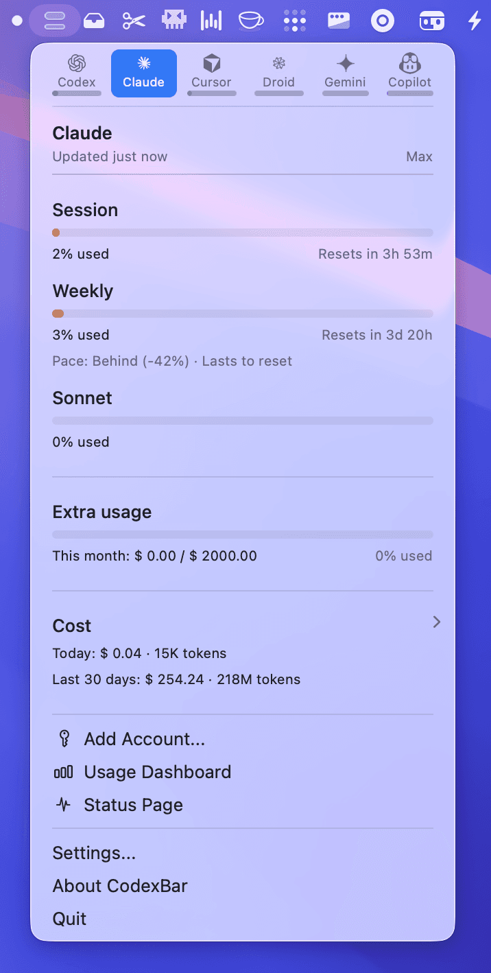 The CodexBar menu showing Claude session and weekly usage bars with reset countdowns and cost