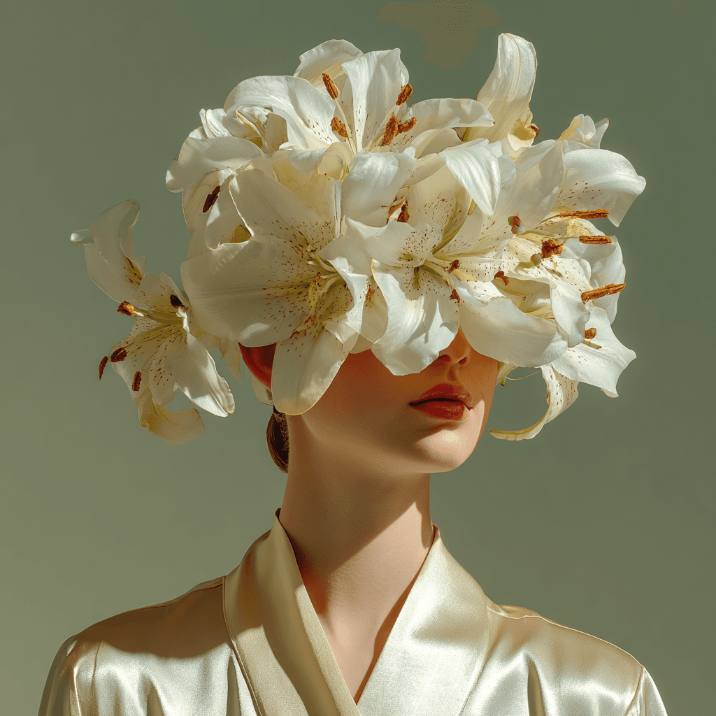 The template's sample input: the same portrait of a woman with white lilies on a sage-green background
