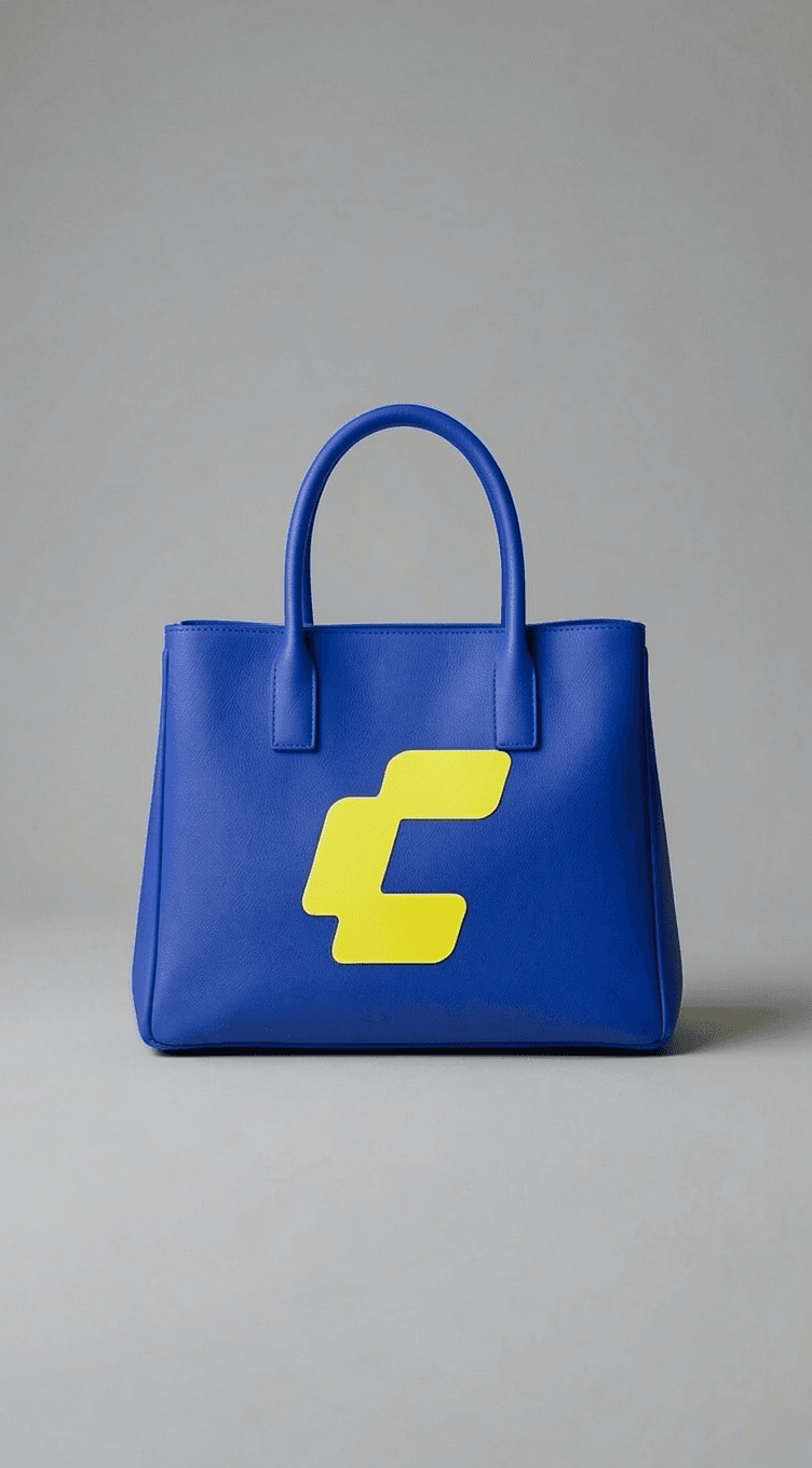 Example output of the template: a white handbag restyled in blue with a large yellow logo on the front