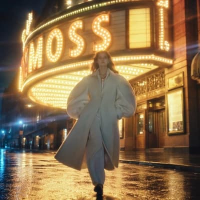 Example output of the template: a model in a white coat walking under a lit theatre marquee that spells MOSS