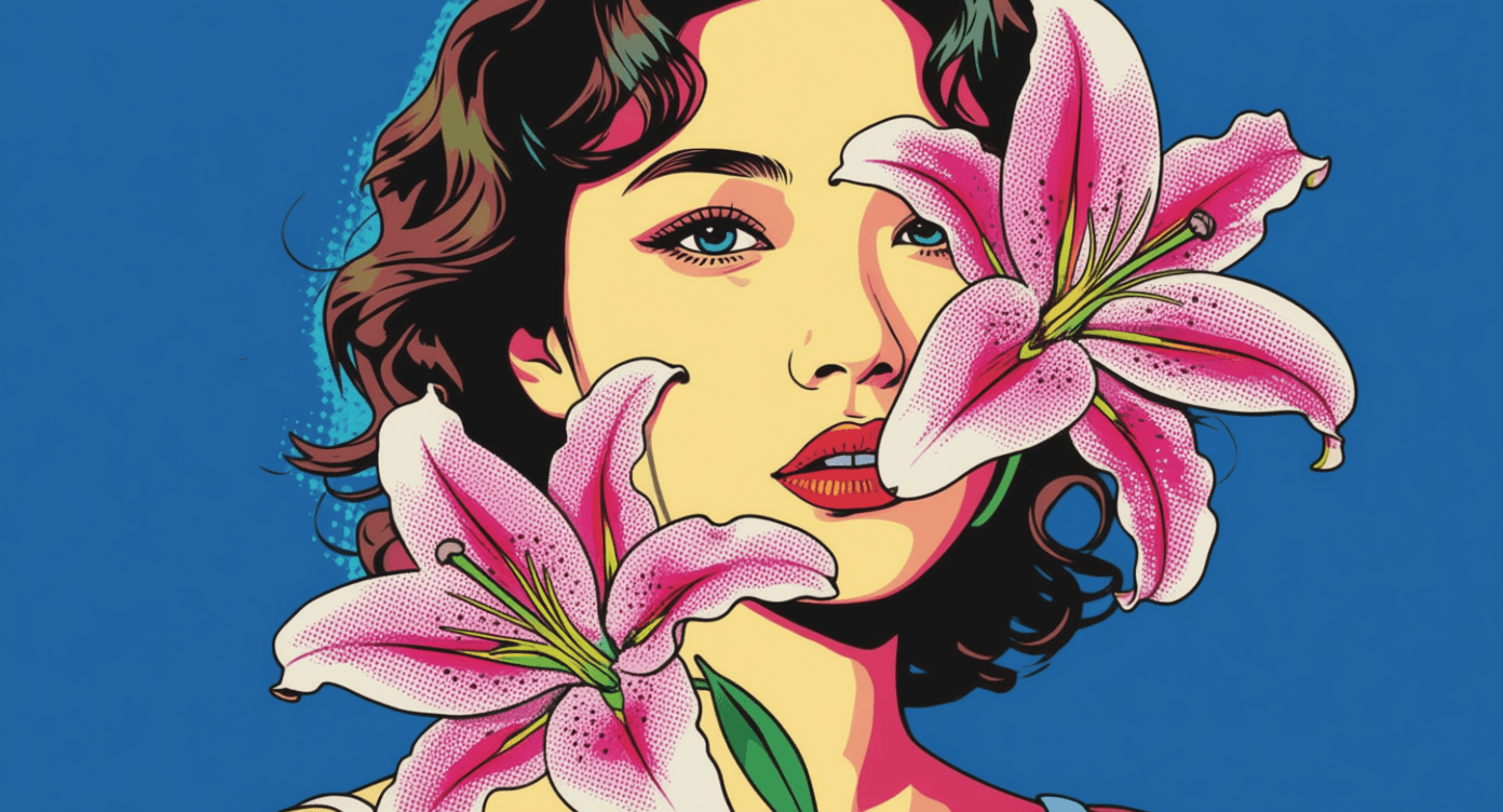 Example output of the template: a portrait of a woman with pink lilies, restyled as a pop-art poster