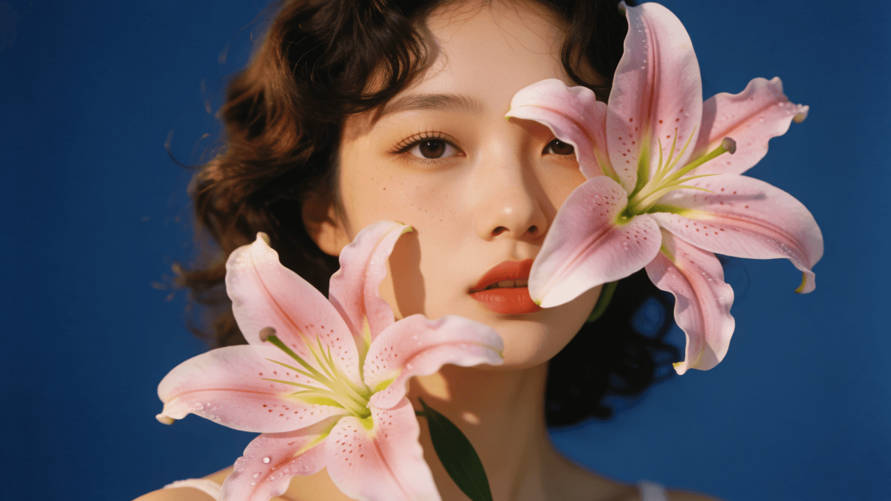 The template's sample input: a woman with curly hair and pink lilies against a blue wall