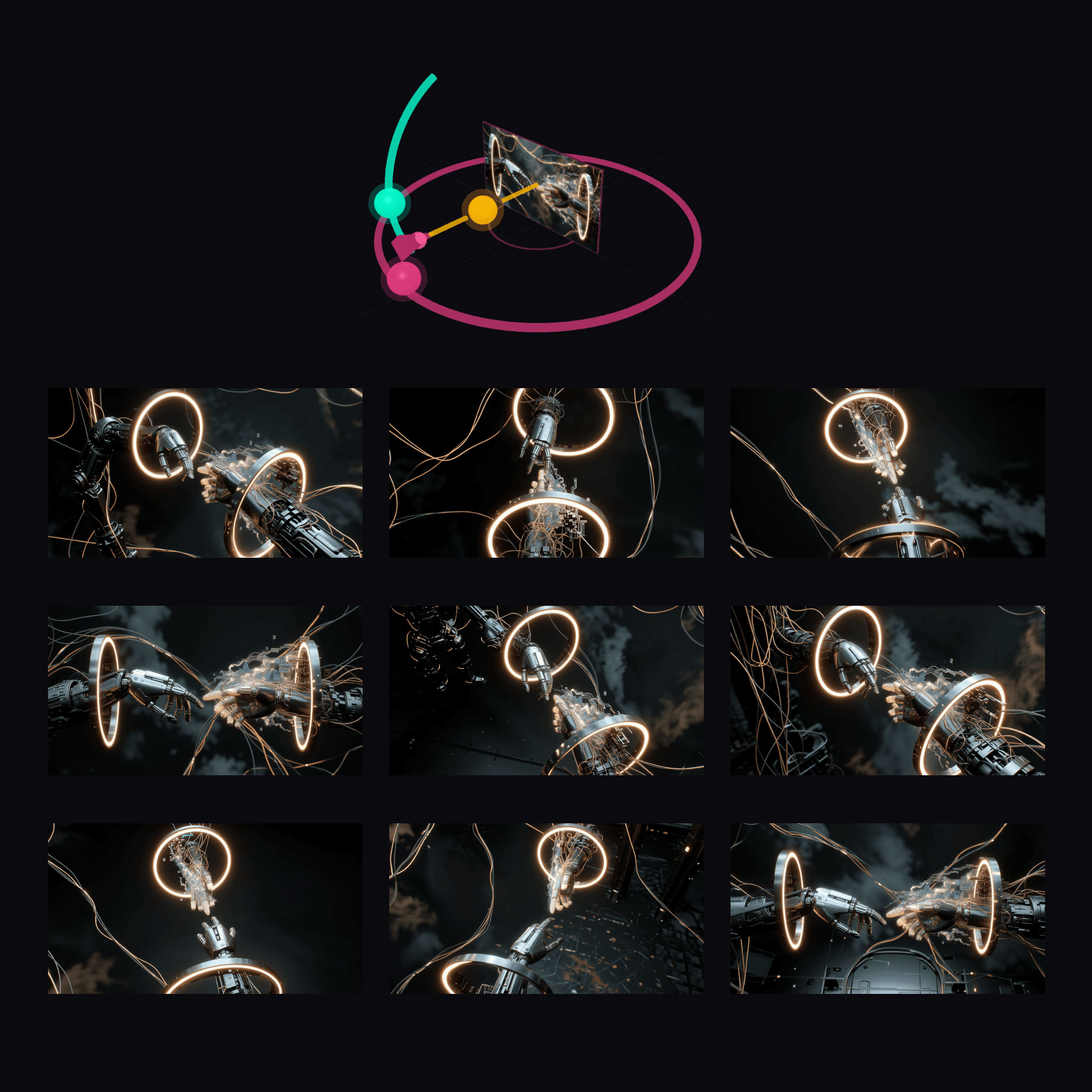 The 3D camera control above a grid of nine views of the same robotic-hands scene from different angles