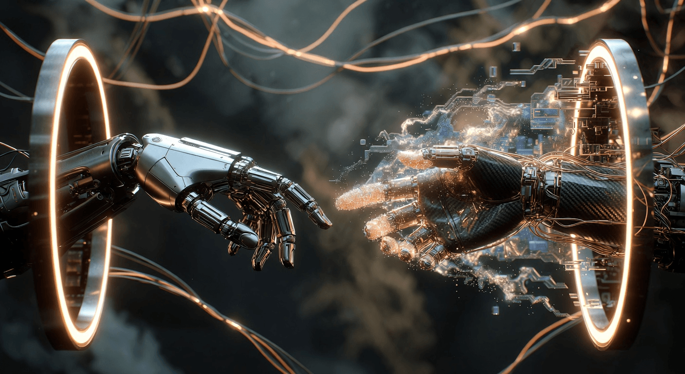 The template's sample input: a robotic hand reaching toward another between two glowing rings
